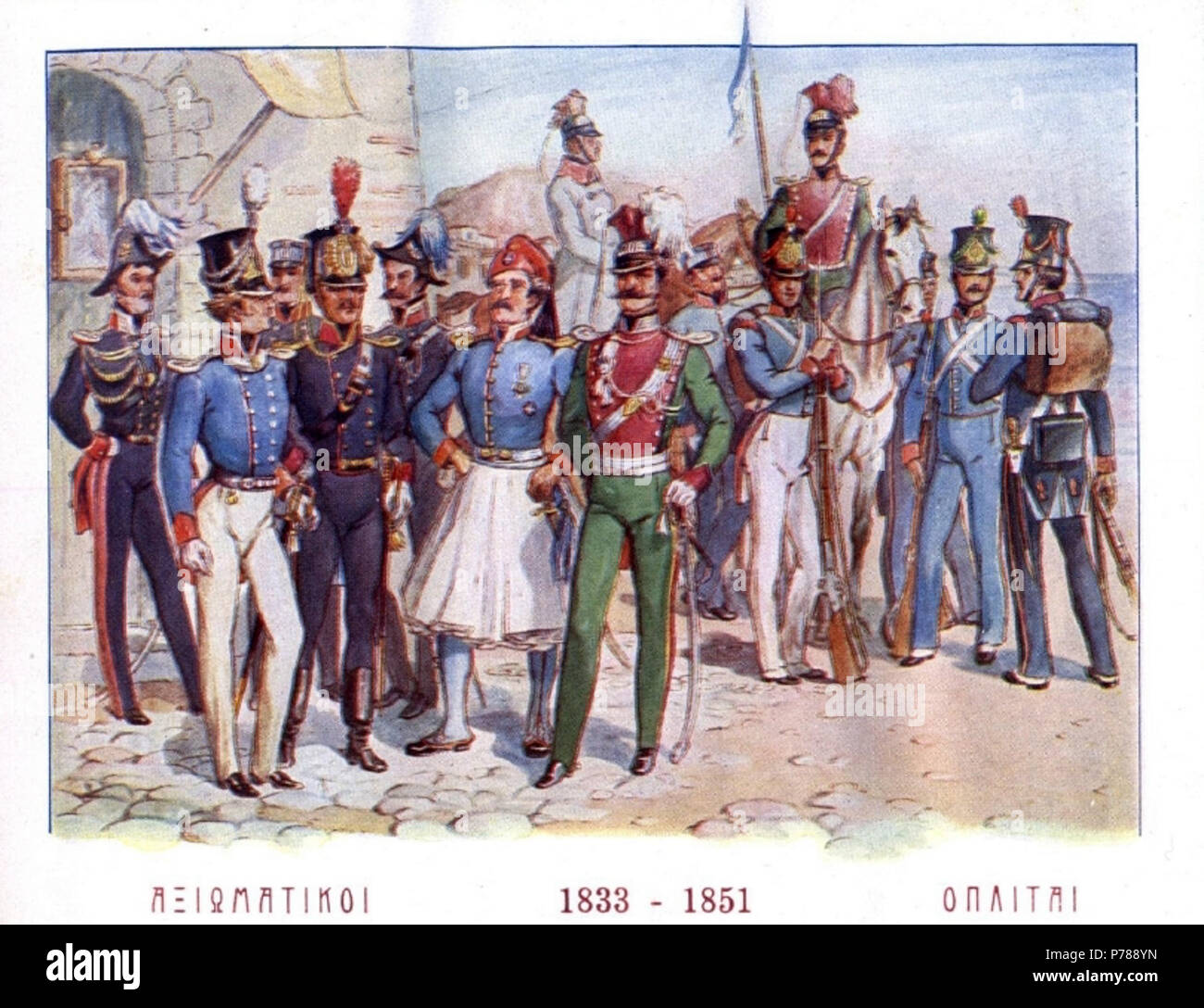 Englisch: Uniformen der griechischen Armee in der ersten Periode von König Otto's Herrschaft (1832-1862). Offiziere Links, andere Reihen rechts. ca. 1910 34 griechische Armee Uniformen, 1833-1851 Stockfoto