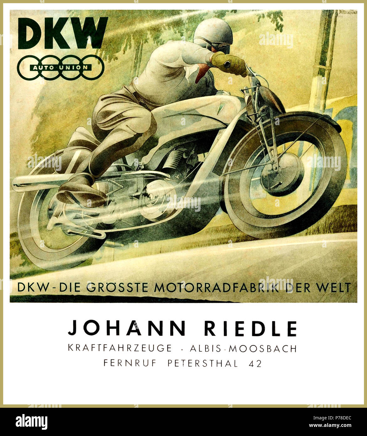 DKW Auto Union Original Vintage 1930er Jahre deutsches Werbeplakat für DKW Auto Union Motorräder, Stockfoto