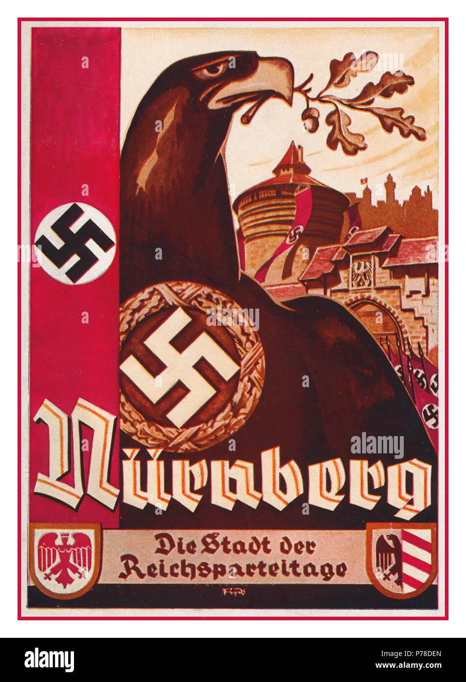 Jahrgang 1930 des nationalsozialistischen Deutschland Propaganda Postkarte "Stadt der Reichsparteitage" mit Hakenkreuz Flagge und der Deutsche Adler Stockfoto