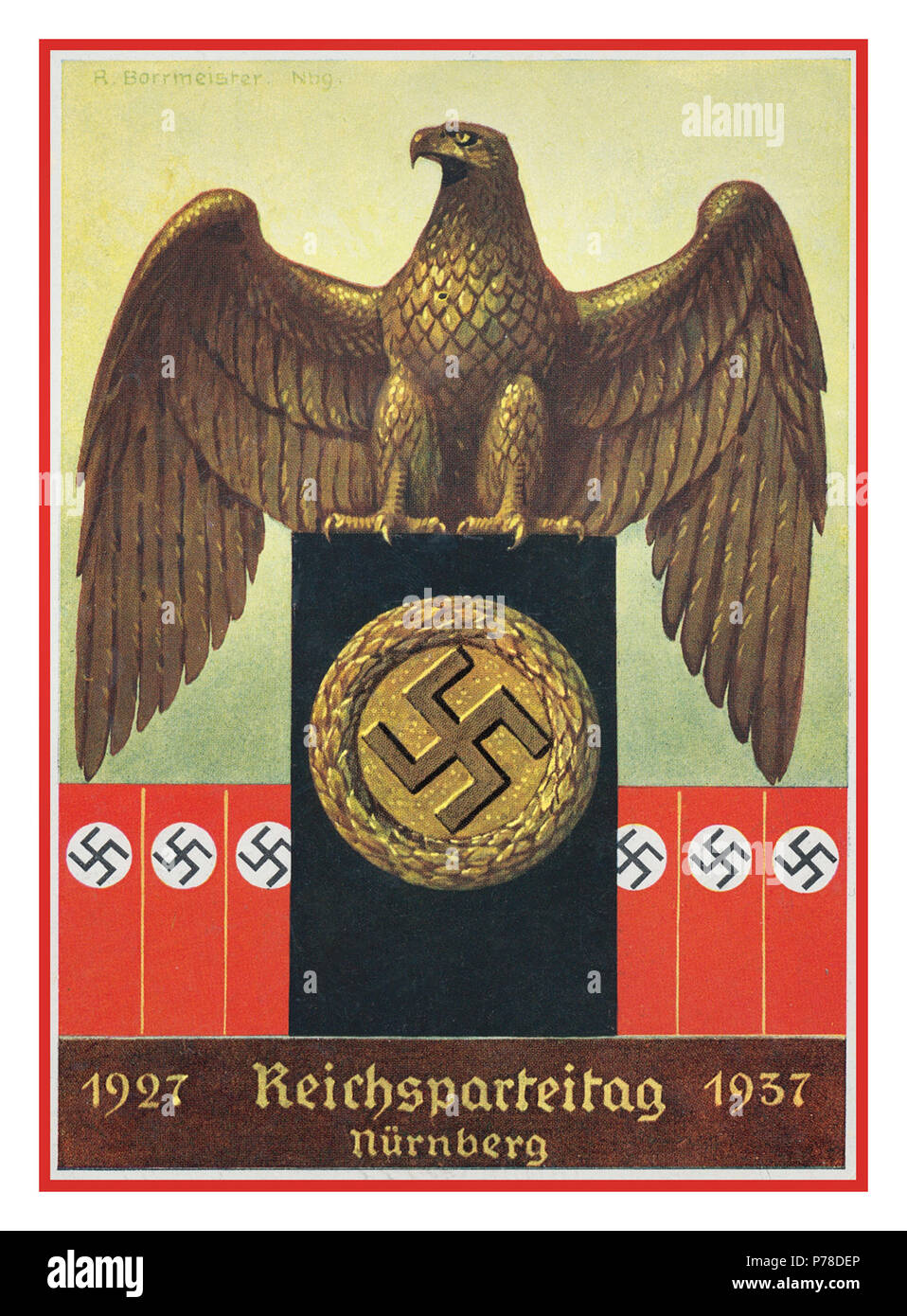 Jahrgang 1930 Die NS-Propaganda Nürnberg Nürnberg Kundgebungen feiert 10 Jahre mit deutschen Adler und NS-Hakenkreuz auf einem schwarzen Rede podium Reichsparteitage Reichsparteitag Postkarte Plakat Hoffmann Deutschland Stockfoto