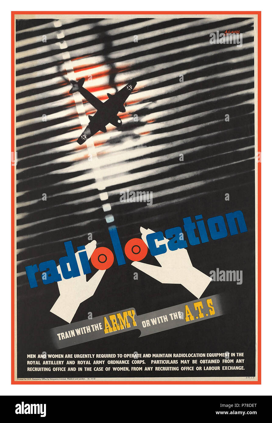 1940 Einstellung WW2 UK Britische Propaganda Poster 1943 Radio Standort"-Zug mit der Armee oder mit dem A.T. S' Stockfoto