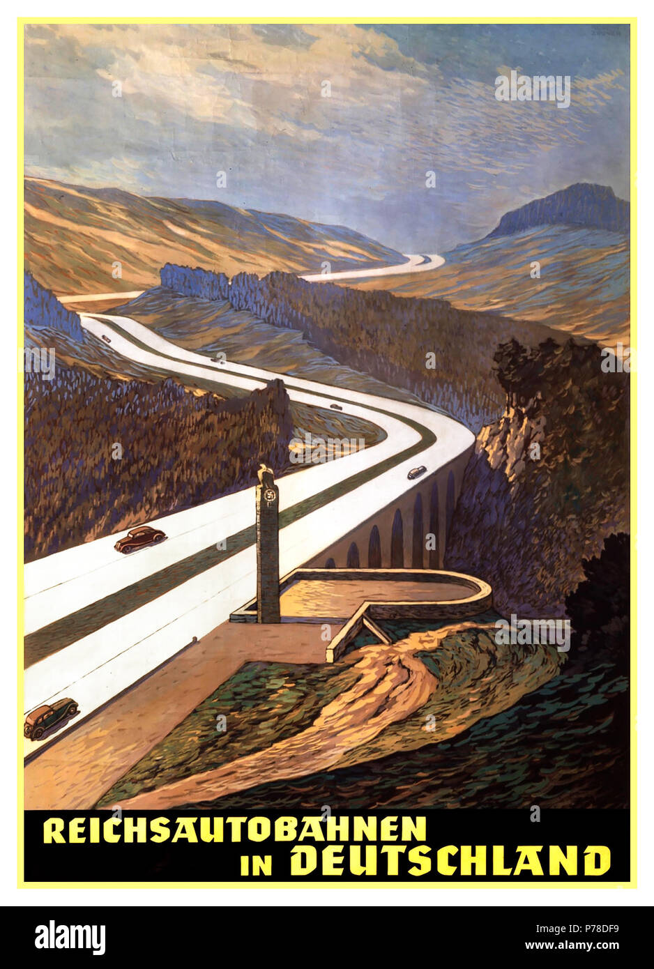 Jahrgang 1930 Autobahn Travel Poster Deutschland Poster der Reichsbahn Autobahn Autobahn Hauptquartier für deutsche Touristen Berlin, Deutschland 1936 Der Hirschberg Saale Brücke Seite wurde in NS-Propaganda Poster Werbung der Deutschen Autobahn highway System mit Hakenkreuz Emblem auf einem Rastplatz Säule empfohlene Stockfoto