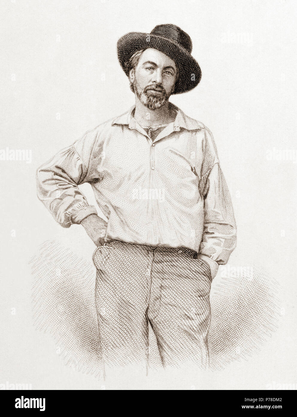 Walt Whitman (1819-1892), Alter 37, frontispiz Blätter von Gras, Fulton St., Brooklyn, N.Y., 1855, Stahlstich von Samuel Hollyer von einer verlorenen daguerreotypie von Gabriel Harrison. . Juli 1854 63 Walt Whitman, Stahlstich, Juli 1854 Stockfoto