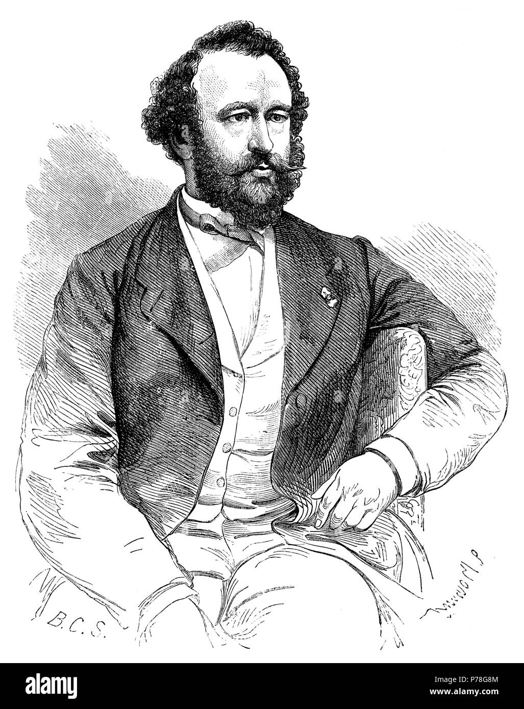 Sax, Adolphe (1814-1894), Konstruktor de instrumentos Musicales de viento Belga. Erfinder del saxofón. Grabado de 1863. Stockfoto