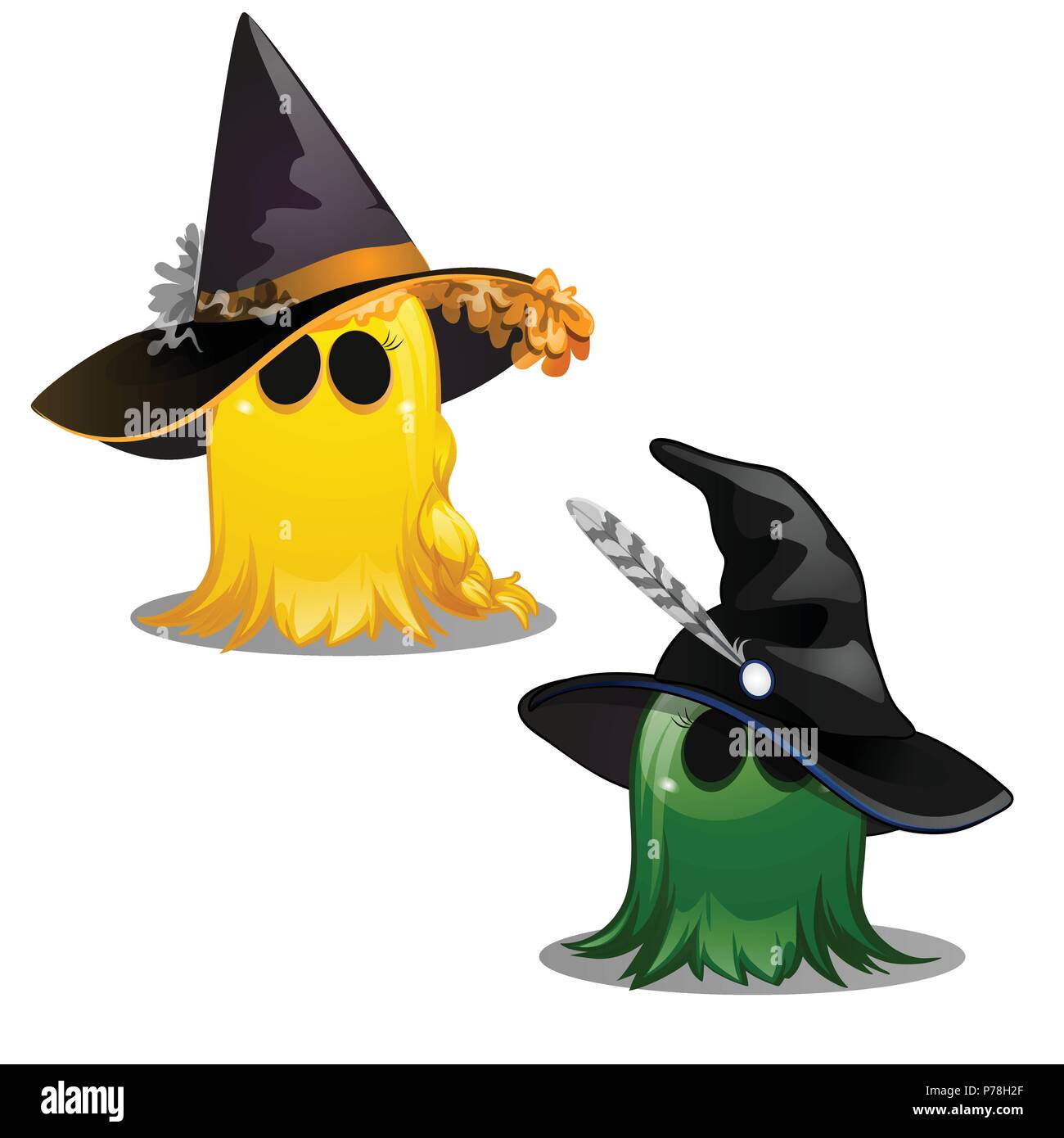 Zwei bunte niedliche gelbe und grüne Geist in Hüte Hexe auf weißem Hintergrund. Skizze für Grußkarten, festliche Poster oder Party Einladung. Attribute der Urlaub der böse Geist Halloween. Stock Vektor