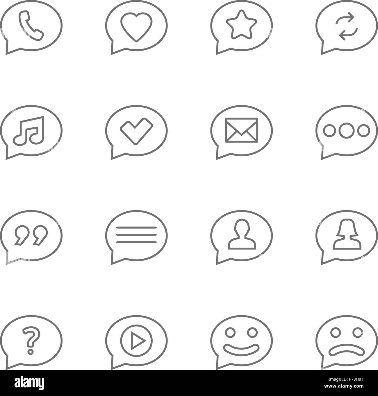 Symbole in den Sprechblasen vektor Icon in thin line style Set Stock Vektor