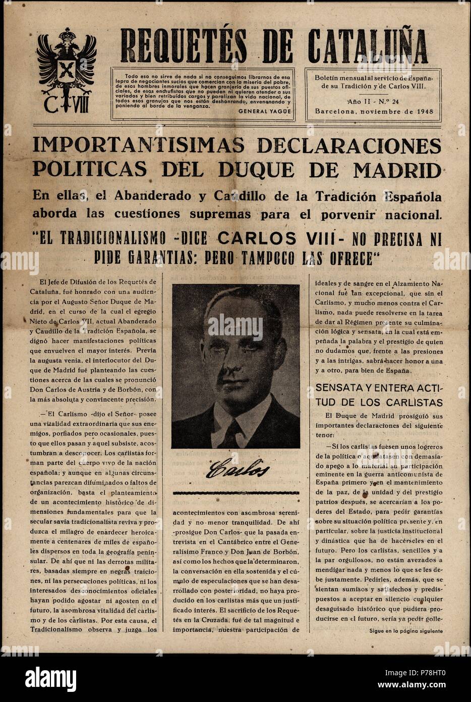 Boletín mensual de Requetés de Cataluña. Barcelona, noviembre de 1948. Declaraciones de Carlos Pío de Habsburgo-Lorena y Borbón (1909-1953), Duque de Madrid, pretendiente carlista Al trono como Carlos VIII. Stockfoto