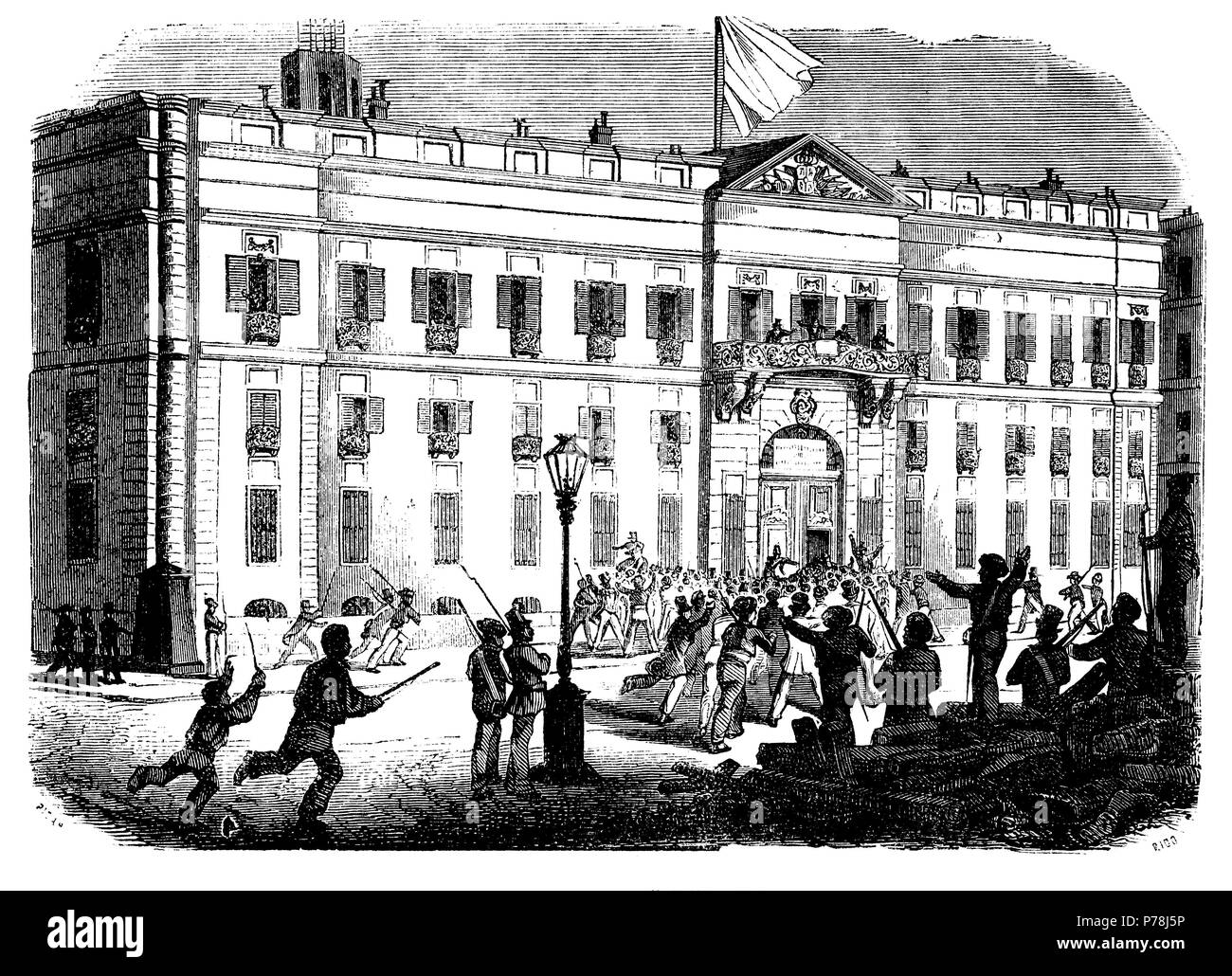 Madrid. Revolución de Julio de 1854. Instalación de la Junta de el Principal. Grabado de 1854. Stockfoto