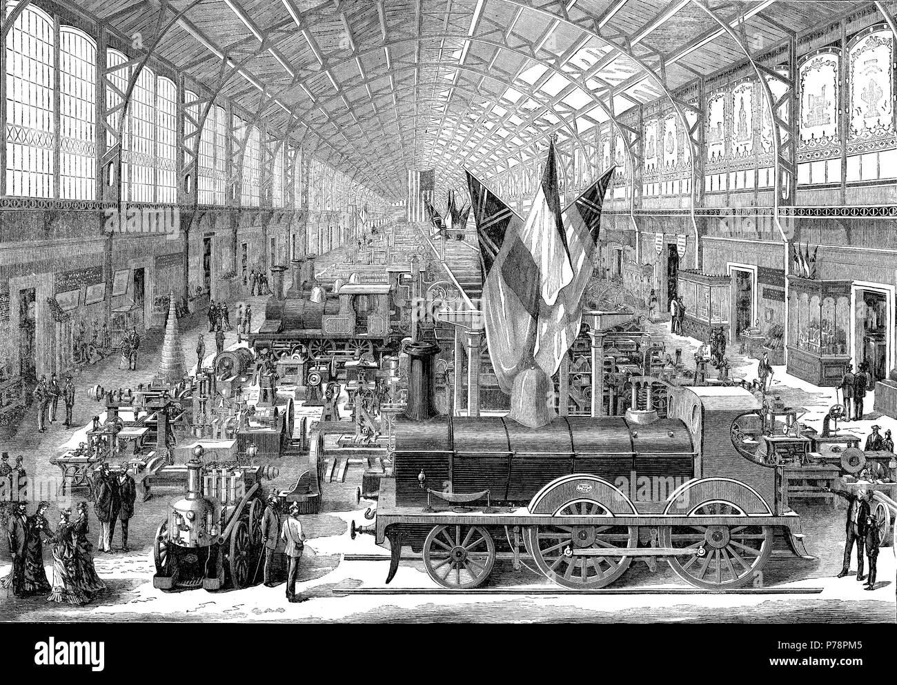 Universal Exposición de París del año 1878, Sala de maquinaria de Ferrocarriles de fabricación Inglesa, en el pabellón del Campo de Marte. Grabado de época. Stockfoto