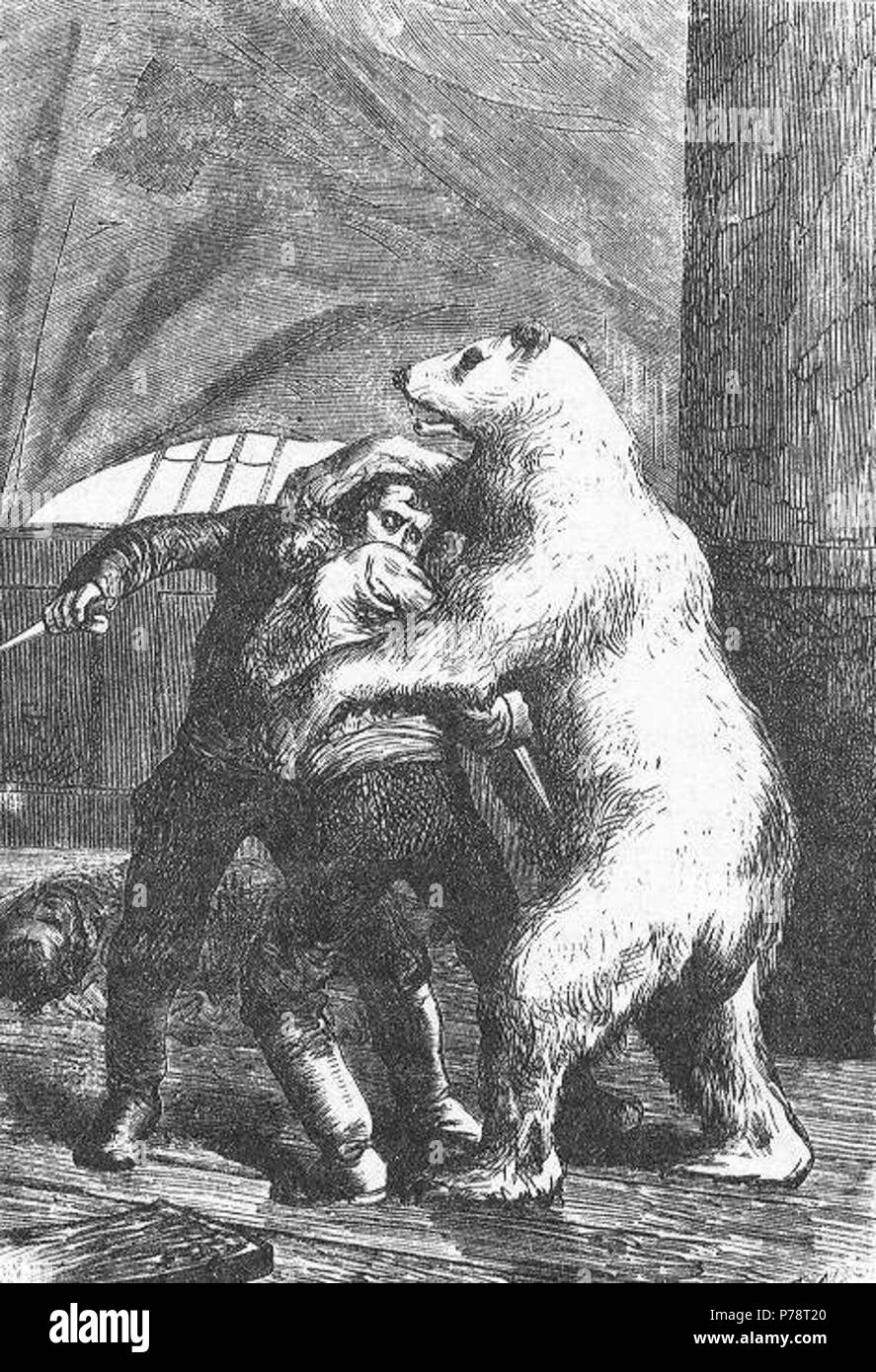 Englisch: Eine Illustration von kurzen Jules Verne's Geschichte "Ein Winter im Eis" (1855) Erstellt von Adrien Marie. Polski: Ilustracja opowiadania Juliusza Verne 'a' Zima poród lodów' (1855) autorstwa Adriena Marie. Français: Jules Verne: "Un hivernage dans les glaces", Gleichheit Adrien Marie. Diese Datei wurde hochgeladen mit Commonist. Orginal Beschreibung aus dem Buch entnommen: Français: L'ours Les étreignait tous Deux. 19. Oktober 1874 3 ein Winter unter dem Eis von Adrien Marie 15. Stockfoto