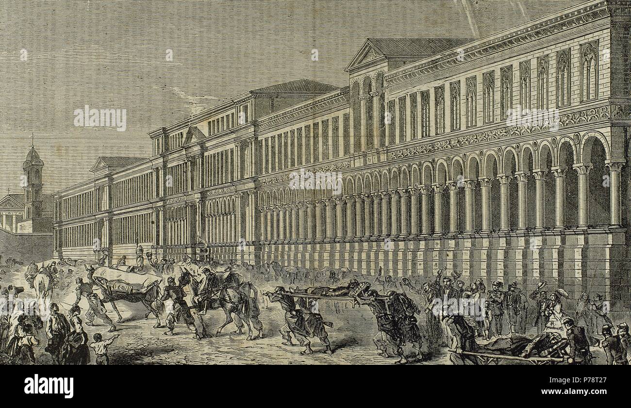 Italien. Ankunft eines Konvois von verwundet. Mailand-Krankenhaus. Schlacht von Magenta. 4. Juni 1859. Zweiten italienischen Unabhängigkeitskrieg. Stockfoto
