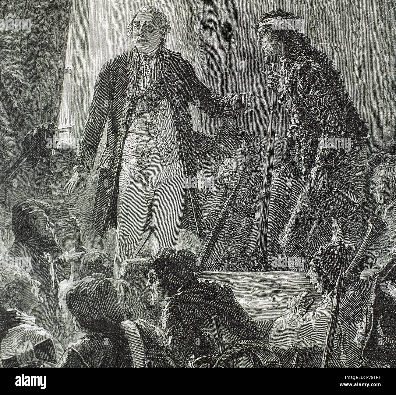 Französische Revolution. Sansculottes König Louis XVI Wein anzubieten. Trinken Sie die Gesundheit der Nation. Kupferstich von P. Jonnard. La Historia de Francia, 1900. Stockfoto