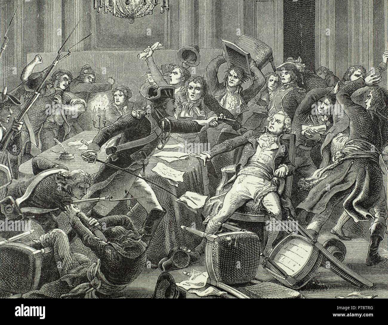 Thermidorian Reaktion. 9. Thermidor. 27. Juli 1794. Ergebnis. Ende der Herrschaft des Terrors. Paris. Frankreich. Gravur. des 19. Jahrhunderts. Stockfoto