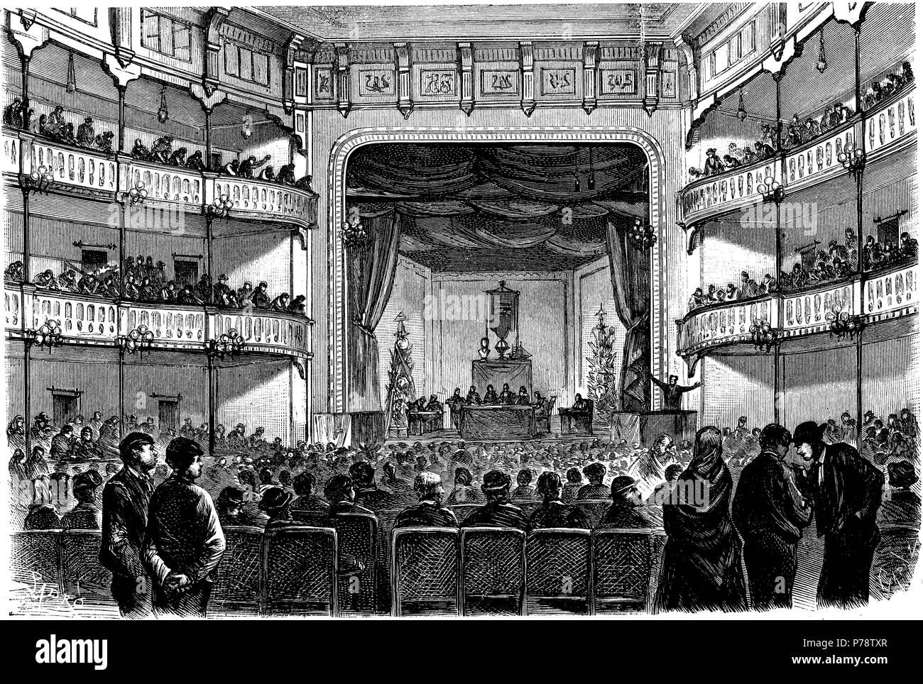 Barcelona. Revolución de 1868. Congreso de obreros celebrado El 20 de Oct de 1870. Grabado de 1870. Stockfoto