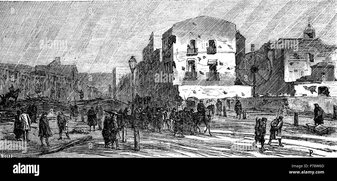 Barcelona. Revolución de 1868 en la Villa de Gràcia. Aspecto de La Calle Mayor concluída Después de la Lucha. Grabado de 1870. Stockfoto