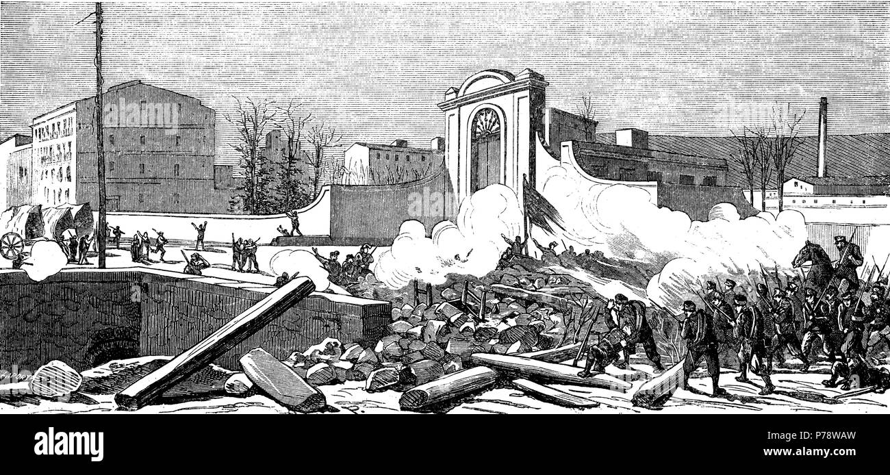 Barcelona. Revolución de 1868. Barricada delante de la España Industrial levantada por los insurrectos. Grabado de 1870. Stockfoto