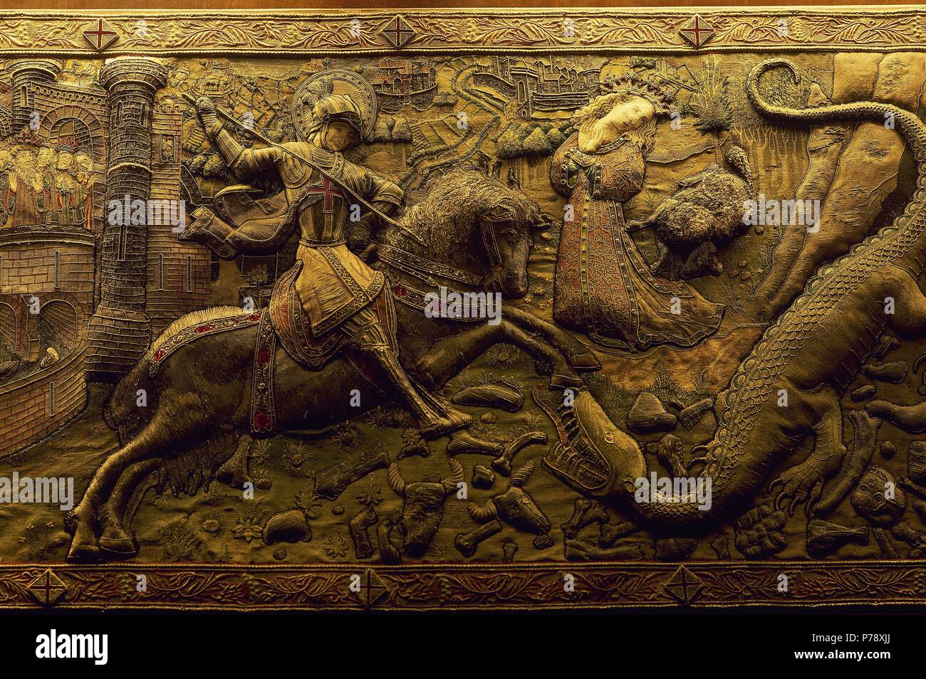 Altar von Antonio Sadurni frontal. 1450. Legende von St. Georg mit der Prinzessin und Drache. Kapelle des Heiligen Georg. Palast der Generalitat. Barcelona. Spanien. Stockfoto