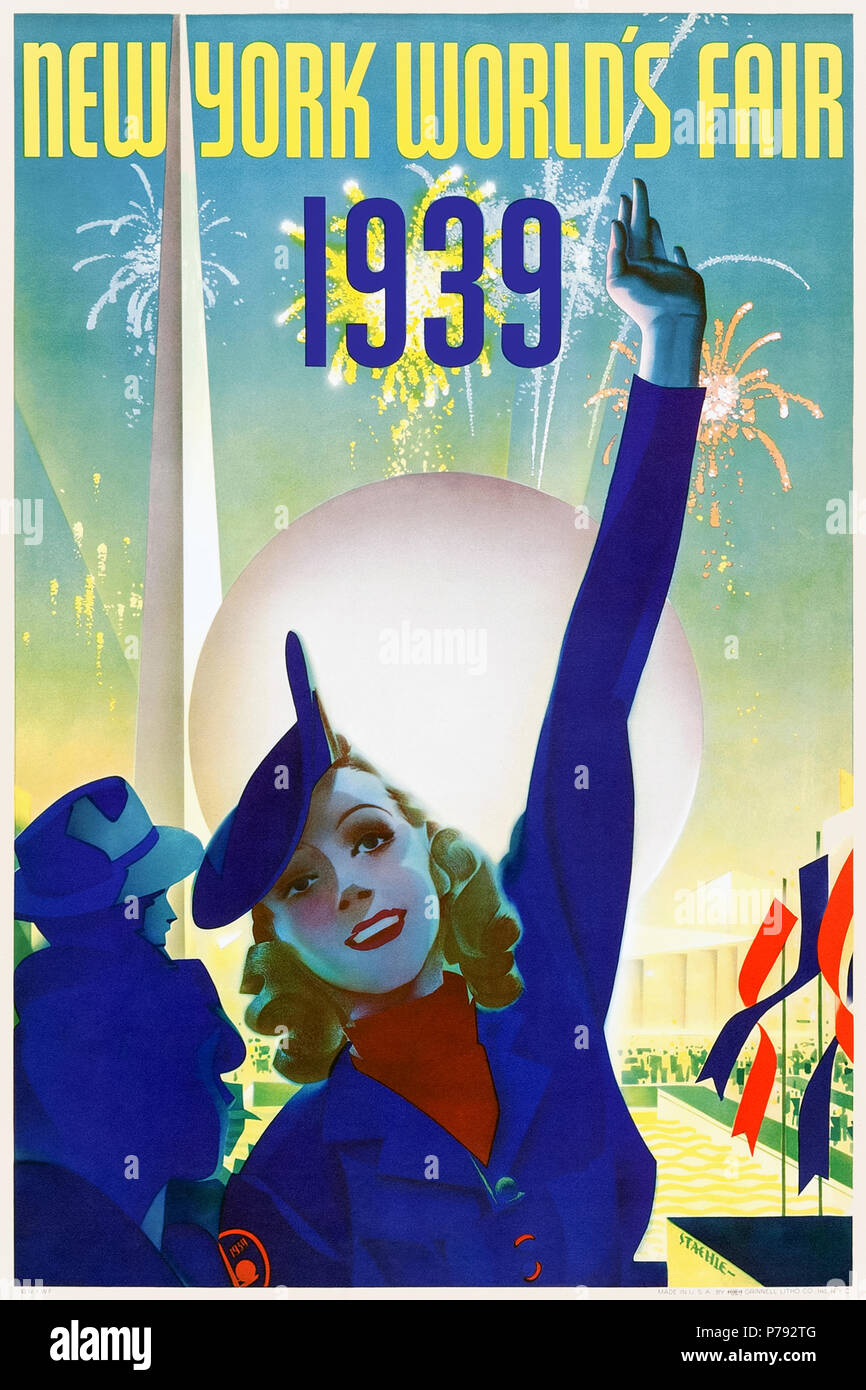 "In New York World's Fair 1939" Plakat von Albert Staehle (1899-1974) zeigt einen Tour Guide mit der trylon und Perisphere und Feuerwerk im Hintergrund. Weitere Informationen finden Sie unten. Stockfoto