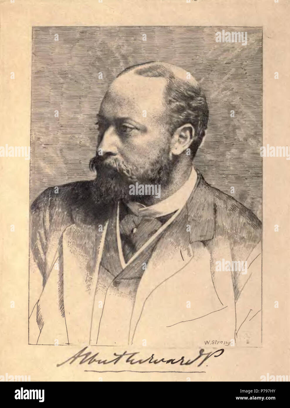 Englisch: Portrait von skh Albert Edward, Prince of Wales (später Eduard VII. von Großbritannien) durch Künstler William Strang. Unter dem Foto ist der Prinz Autogramm. 1889 6 Albert Edward (Edward VII) von William Strang Stockfoto