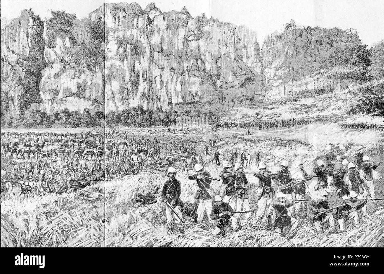 Deutsch: Das Bac Le Hinterhalt: Französische Marine Infanterie bereitzustellen unter der Nui Dong Nai Klippen, am späten Nachmittag, den 23. Juni 1884. 1890 11 Bac Le Hinterhalt Stockfoto