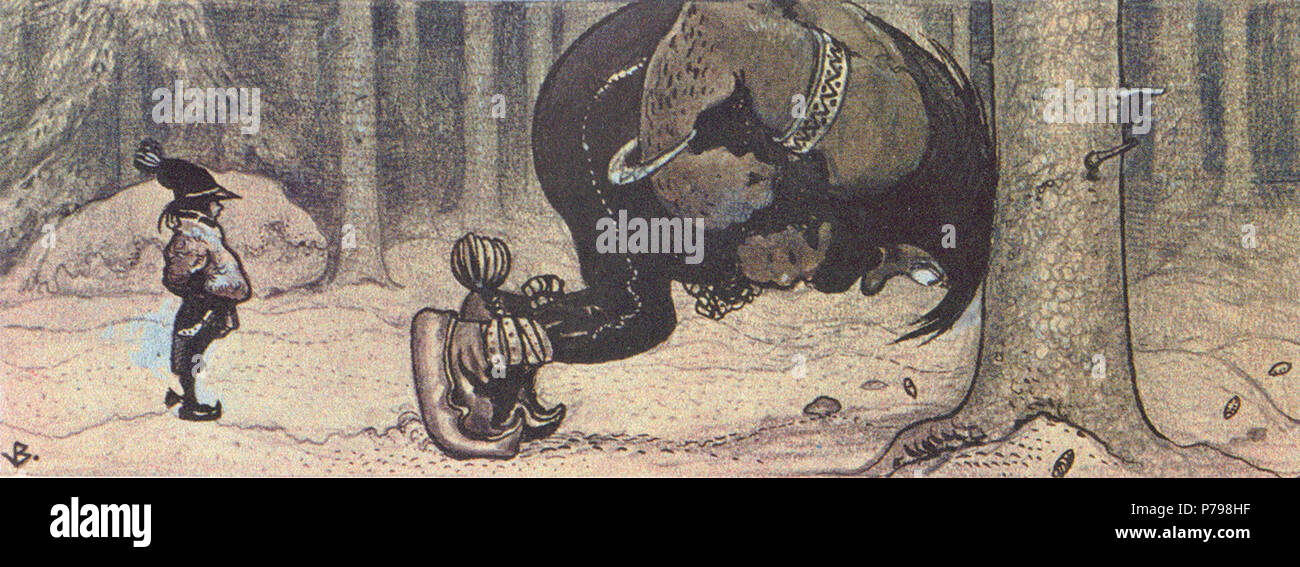 Eine Illustration der talo und Kauras", einer schwedischen Volksmärchen, zeigen die riesigen stalo versucht ein Loch in eine Ulme mit seinem Kopf zu klopfen. 11 Bauer-Stalo Stockfoto