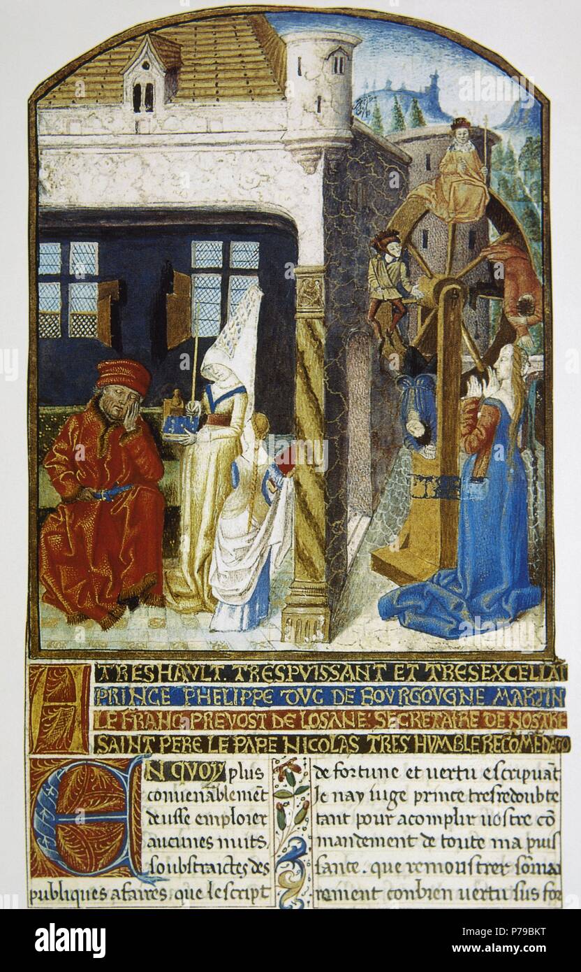 Glücksrad oder Rota Fortuane. Konzept in der mittelalterlichen und Anceint Philosophie in Bezug auf die kapriziöse Wesen des Schicksals. Miniatur, 15. Jahrhundert. Frankreich. Stockfoto