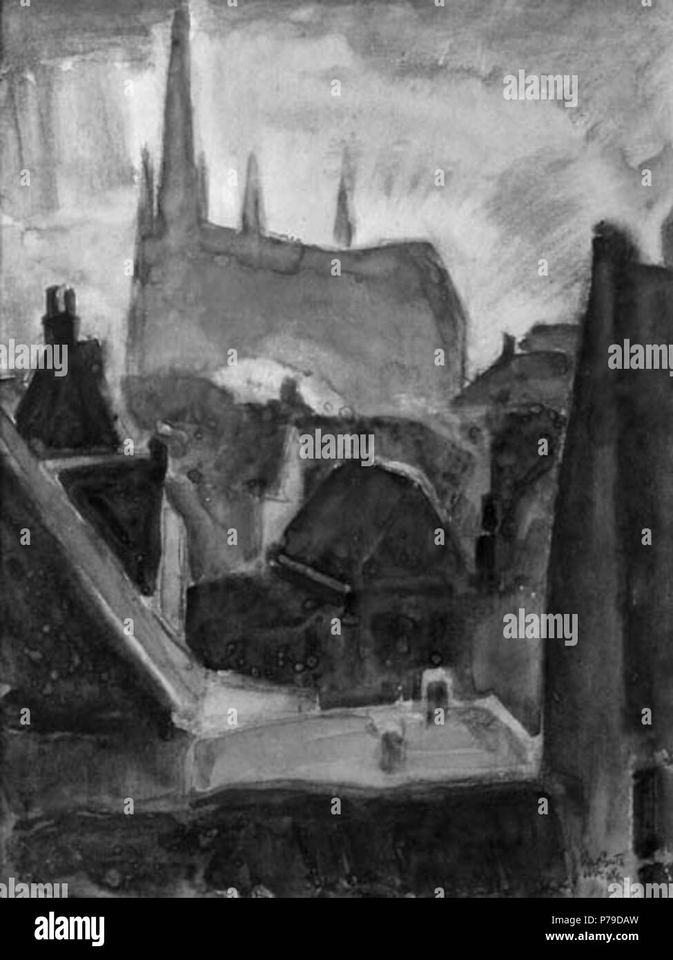 Englisch: Die Dächer von Woerden. Signiert, datiert und bezeichnet unteren rechten Leo Gestel Woerden" 16. Schwarze Kreide und Aquarell auf Papier. 28,5 x 22 cm. 1916 38 Leo Gestel die Dächer von Woerden 1916 Stockfoto