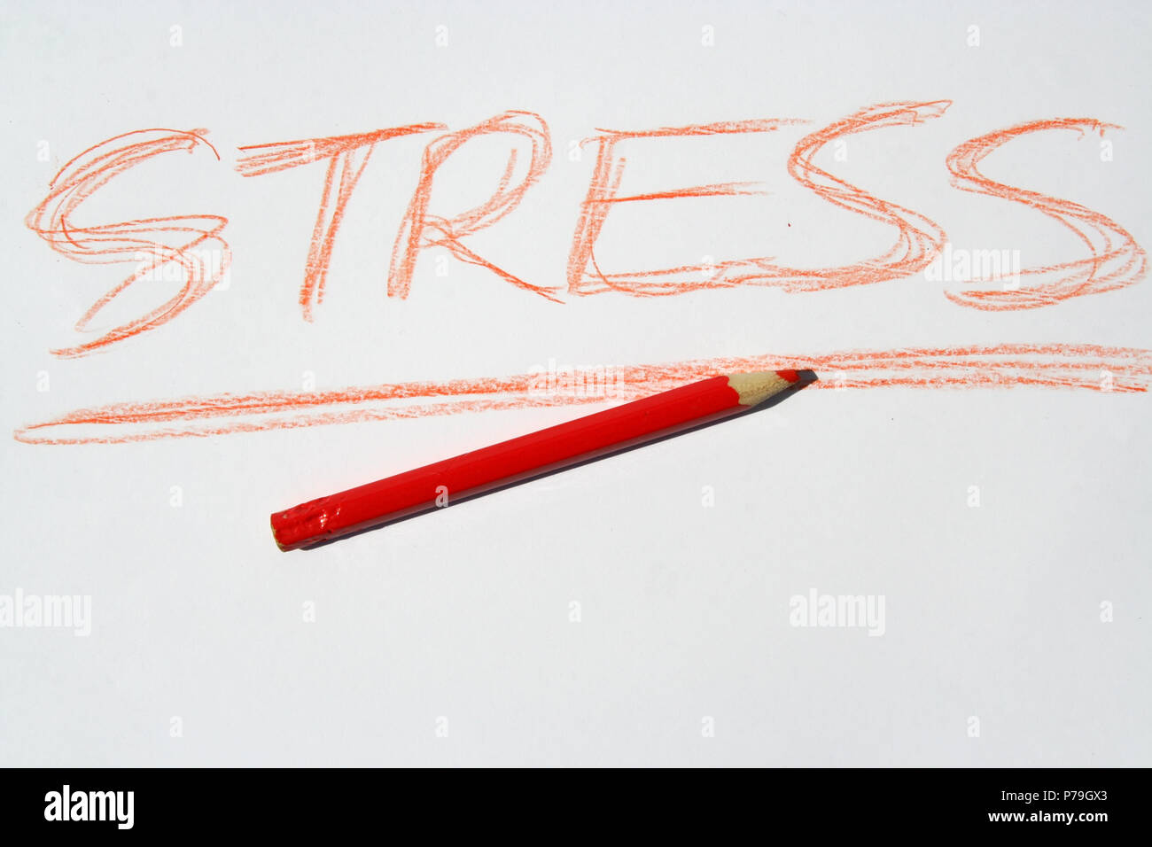 Stress Hinweis geschrieben mit Red Crayon. Stockfoto