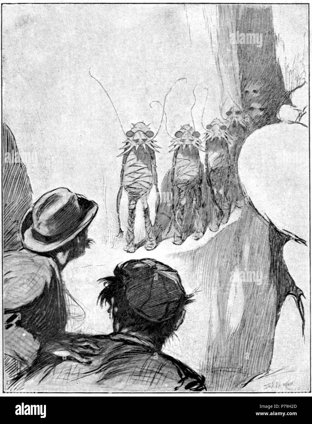 Englisch: Abbildung Seite 130 von H.G.Wells' Die ersten Menschen auf dem Mond, 1. Gebundene Ausgabe, von George Newnes im Jahr 1901 veröffentlicht. Bildunterschrift: "Insekten", murmelte Cavor, "Insekten". 1901 20 erster Mann im Mond (1901) FP 130 Stockfoto
