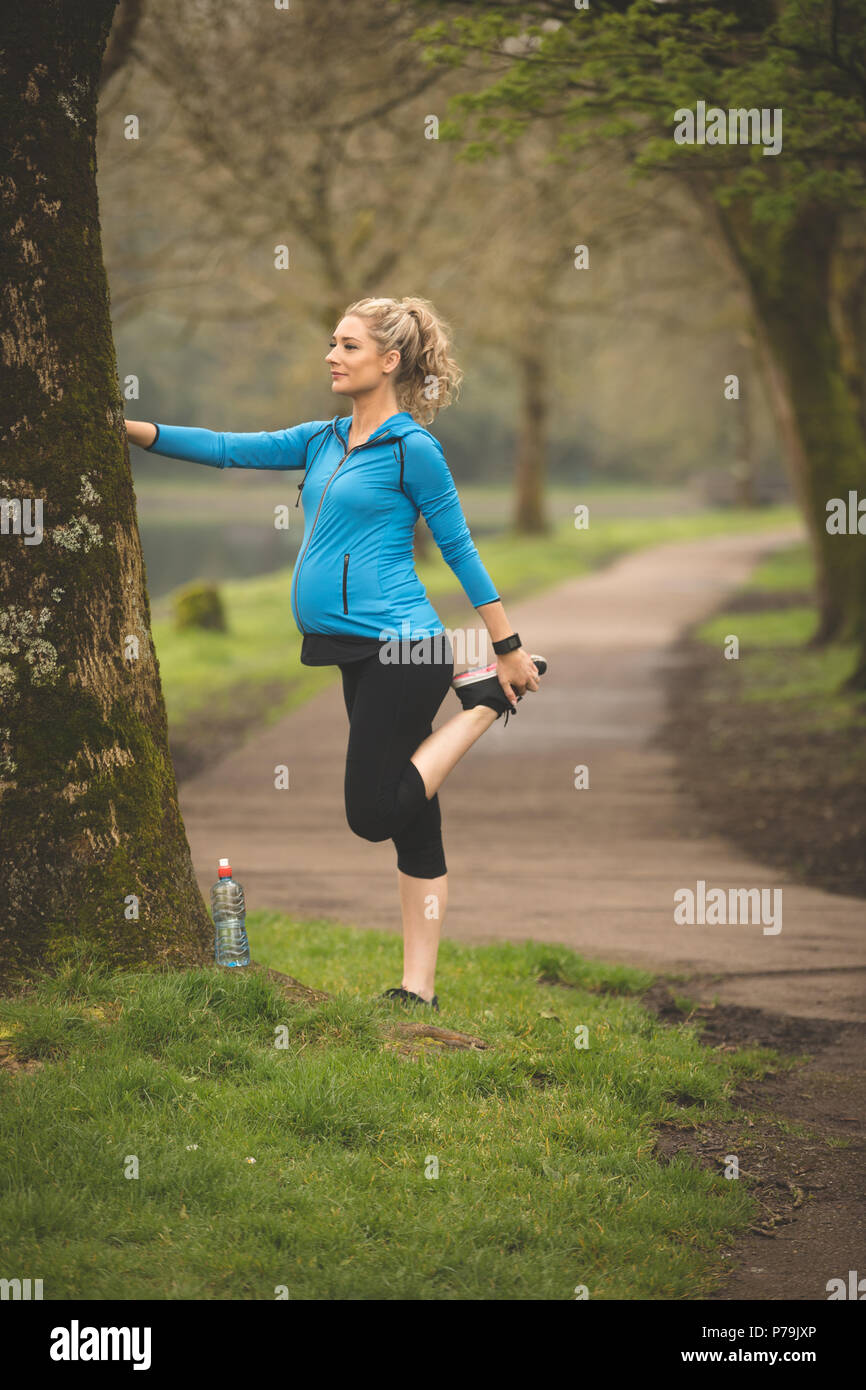 Schwangere Frau im Park trainieren Stockfoto