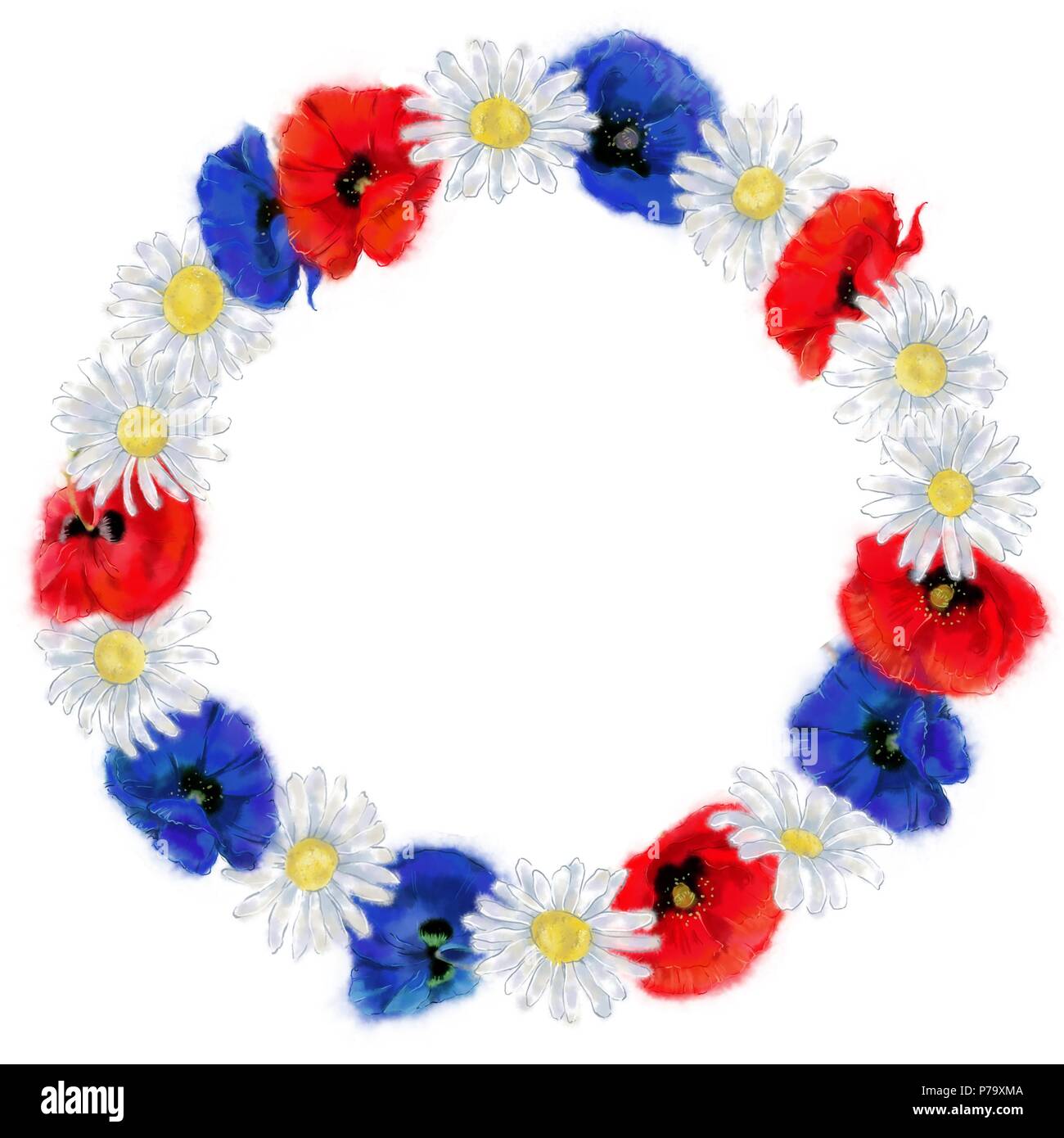 Daisy und Poppy Runde Kranz isoliert auf weißem Hintergrund. Blumen runden Rahmen mit Platz für Text. Aquarell künstlerische Blumenschmuck für Drucken. Stockfoto
