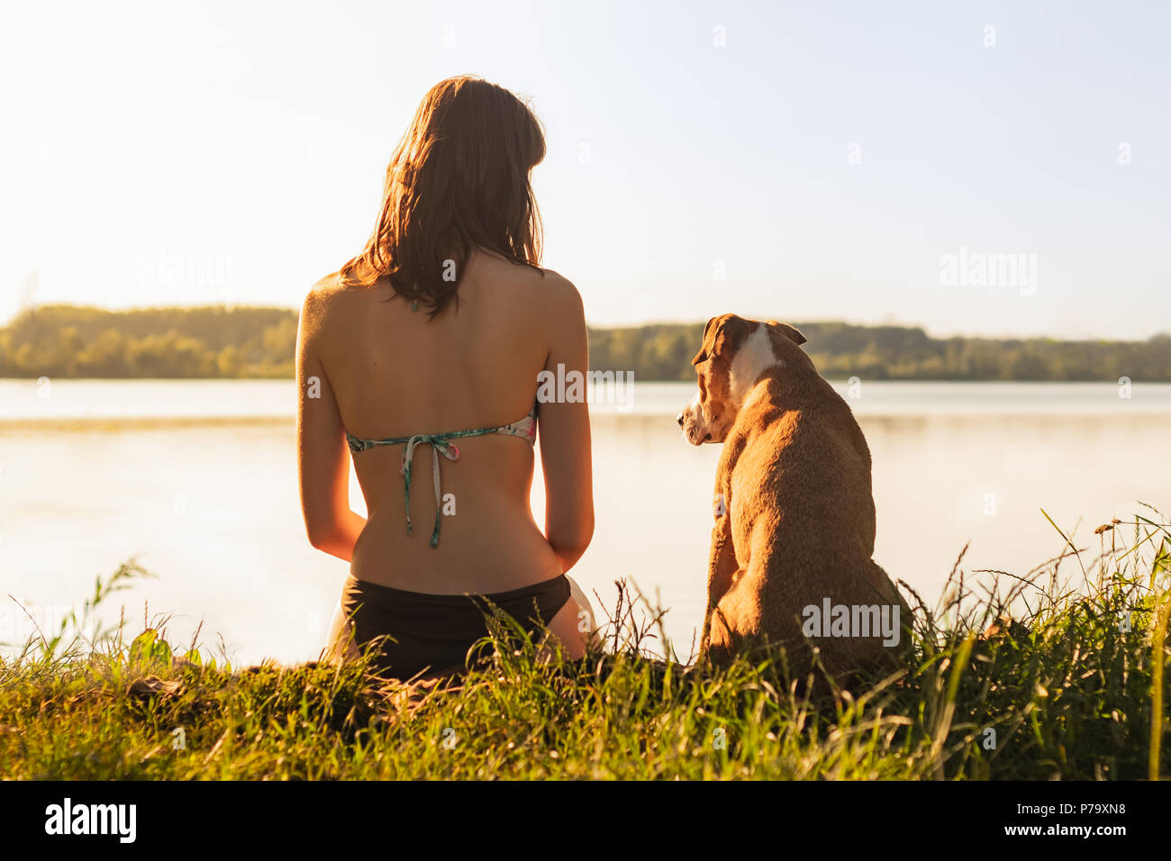 Schöne schlanke Frau mit Hund genießen Sie einen wunderschönen Blick in der Nähe des Sees bei Sonnenuntergang von warmen und sonnigen Nachmittag. Junge Passform weiblichen mit Staffordshire te Sitzung Stockfoto