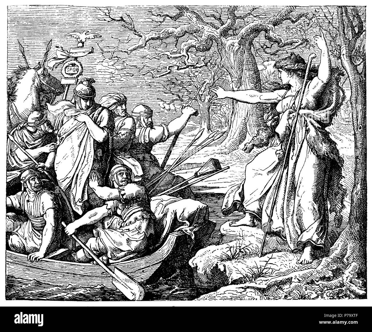 Priesterin Befehle Drusu's halt. Nach Bendemann, 1881 Stockfoto