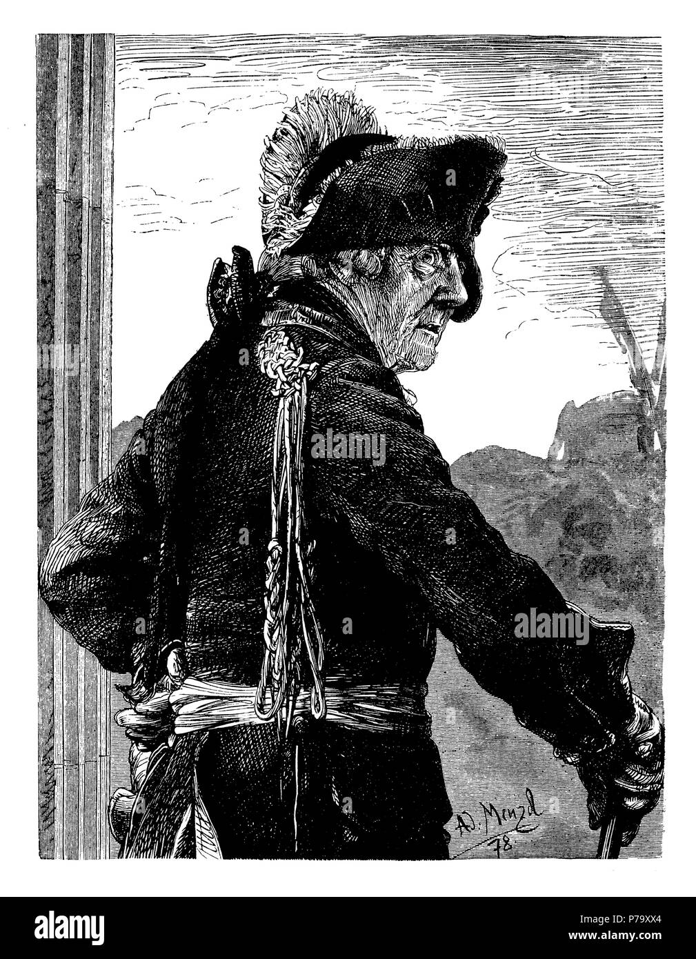 Friedrich der Große. Nach einem Bleistift Zeichnung auf Holz, 1878, von Adolf Menzel für scherr der "Germania", Stockfoto
