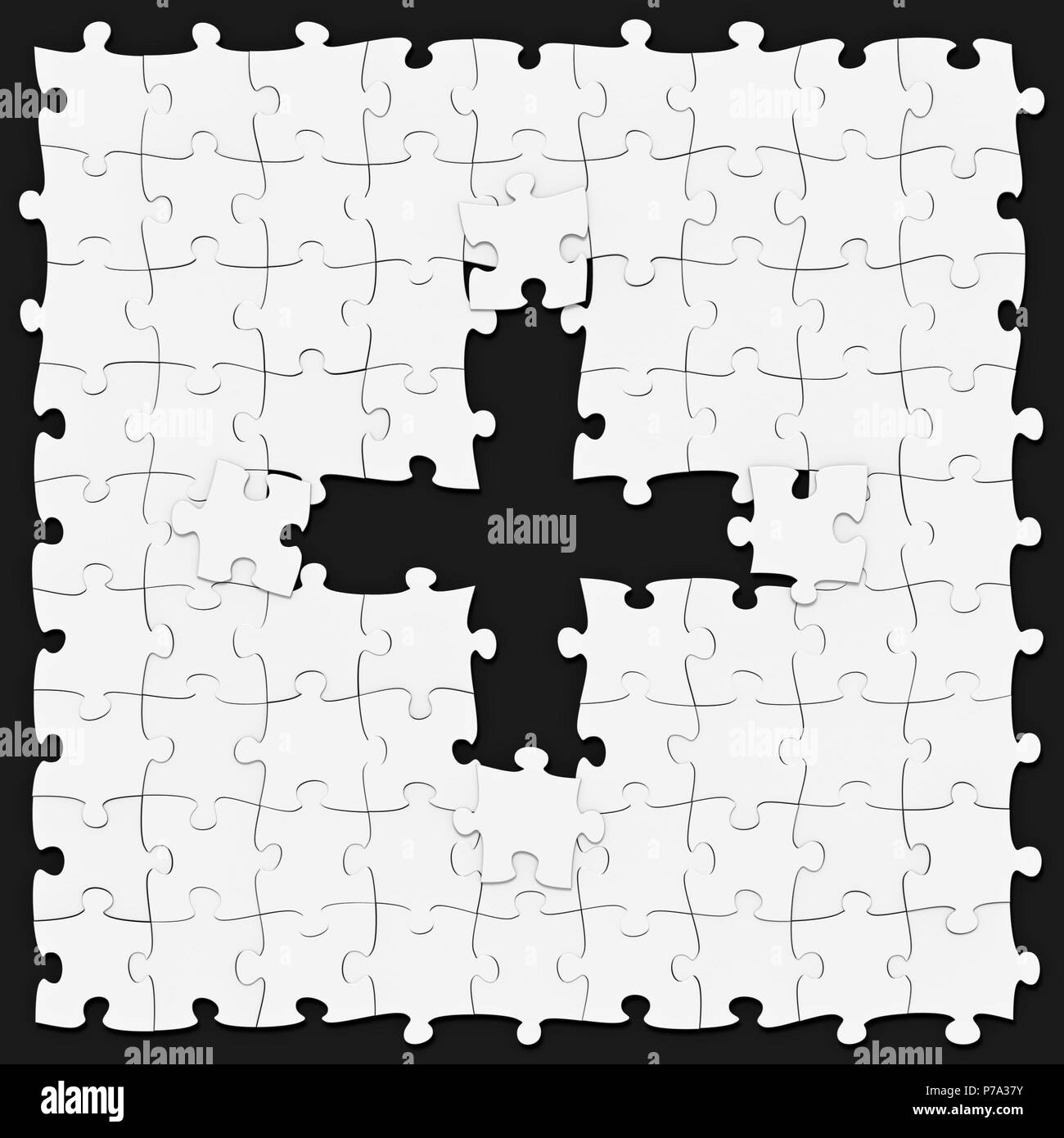 Jigsaw Puzzles zusammengesetzt wie mathematische Operation Symbol der Summe oder Kreuz auf dunklem Hintergrund, Puzzle Board kann nahtlos entlang der Grenzen verbunden ist, Stockfoto