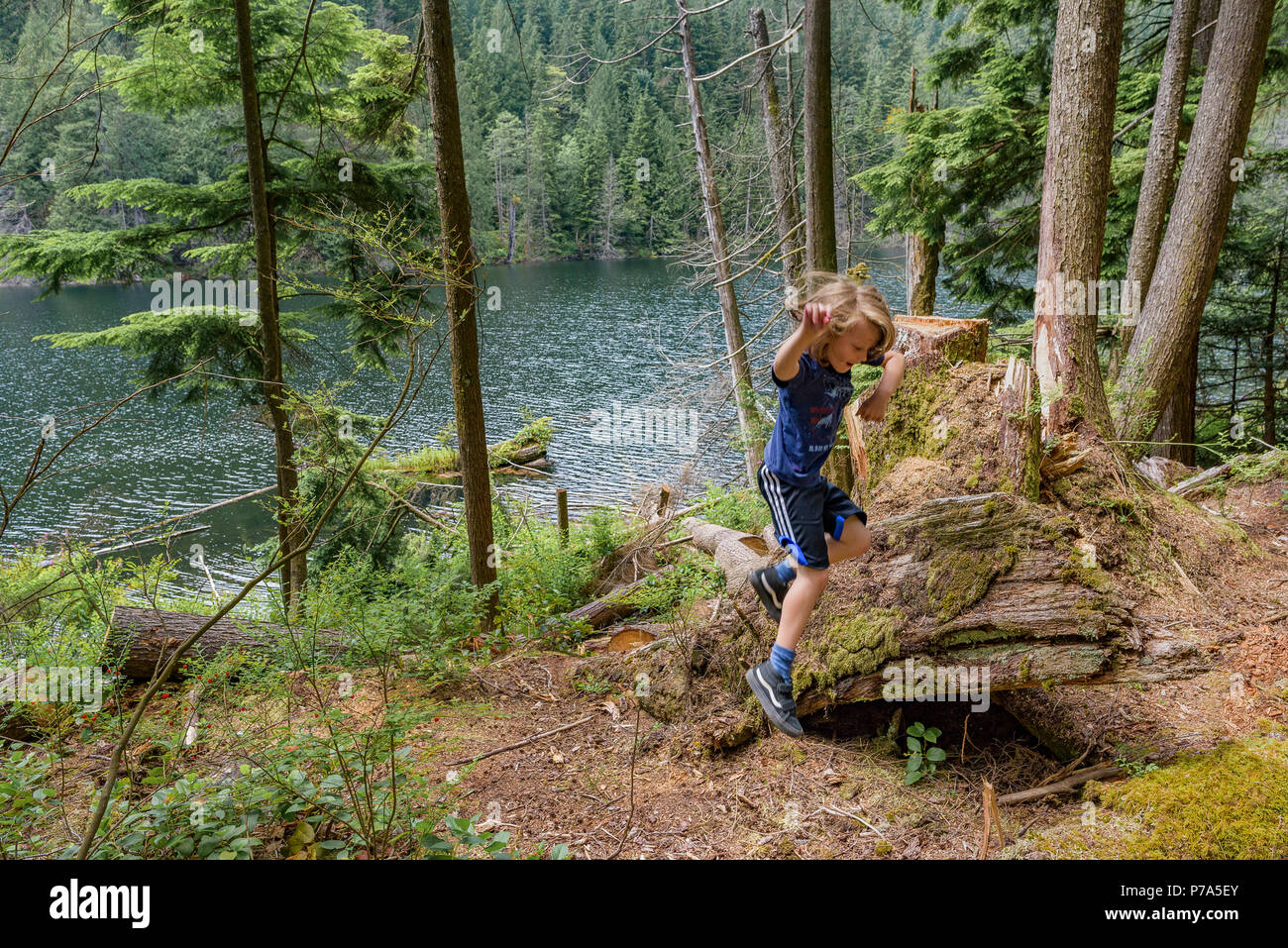 Jungen spielen, Springen, Buntzen Lake Recreation Area, in der Nähe von Anmore, British Columbia, Kanada Stockfoto