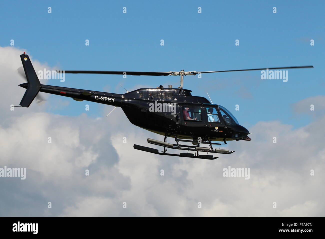 G-SPEY, ein Agusta-Bell 206B JetRanger II Hubschrauber durch Castle Air betrieben, am Internationalen Flughafen Prestwick, Ayrshire. Stockfoto