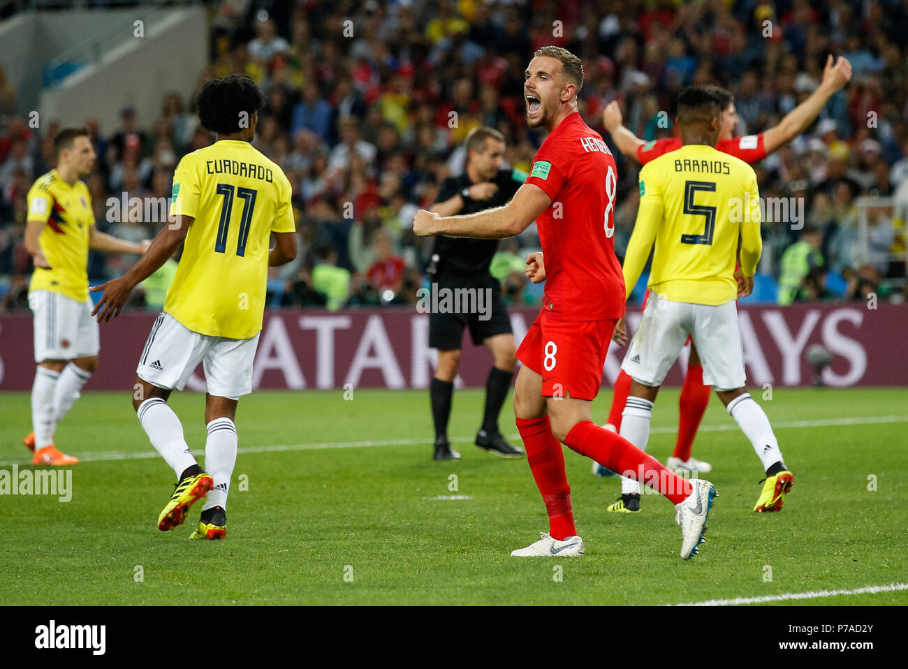 Moskau, Russland. 3. Juli 2018. Jordan Henderson von England feiert nach England sind eine Strafe während der 2018 FIFA World Cup Runde 16 Match zwischen Kolumbien und England bei Spartak Stadium am 3. Juli 2018 in Moskau, Russland, verliehen. (Foto von Daniel Chesterton/phcimages.com) Credit: PHC Images/Alamy leben Nachrichten Stockfoto