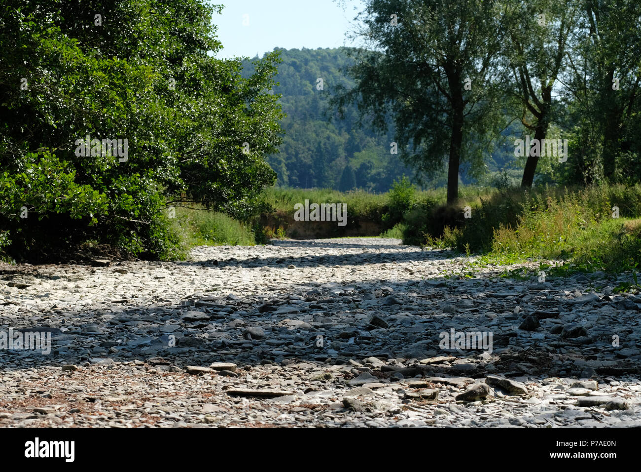Haus der Frau, in der Nähe der Bucknell, Herefordshire UK-Donnerstag, den 5. Juli 2018 - Mitte Fluss-Strecken des Haus in der Nähe von Bucknell sind jetzt vollständig getrocknet, ohne Ölfluss - viele Fische in isolierten Pools und diese sind gerettet durch die Umweltagentur über elektrofischerei - Steven Mai/Alamy Leben Nachrichten gestrandet sind Stockfoto