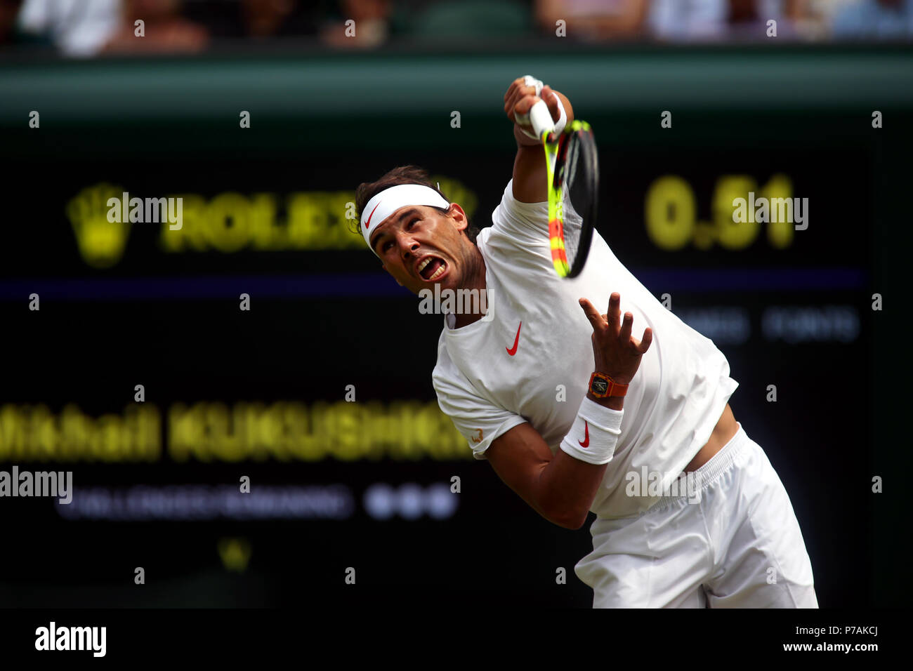 London, England - Juli 5, 2018. Wimbledon Tennis: Rafael Nadal aus Spanien während seines zweiten runden Match gegen Mikhail Kukushkin von Kasachstan. Quelle: Adam Stoltman/Alamy leben Nachrichten Stockfoto