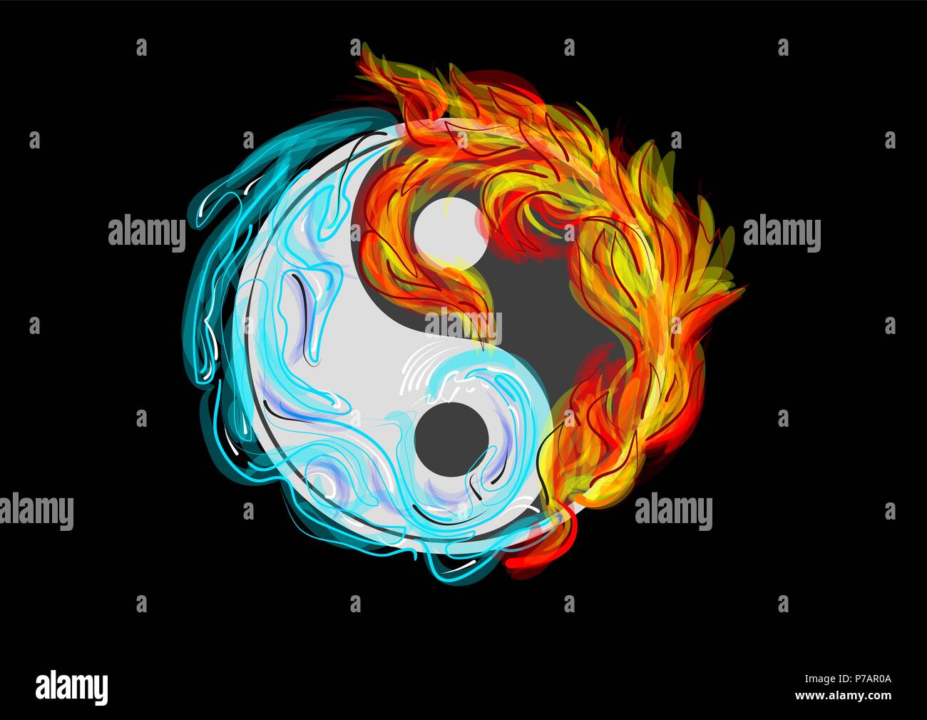 Yin und Yang Symbol mit Wasser und Feuer Vektor Abbildung - Bild