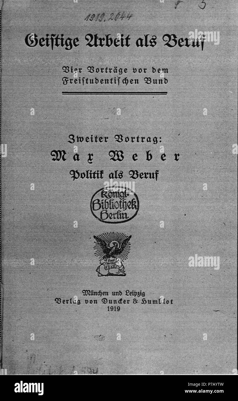 . Politik als Beruf. Deutsch: Dies ist ein Scan des historischen Buches Deutsch: Dies ist ein Scan des historischen Dokument. N/A56 Max Weber: Politik als Beruf Seite 01 Stockfoto