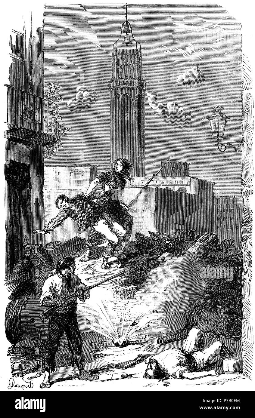 España. Catalunya. Revolución de 1868. Un-episodio en una barricada En El Barrio de Gracia de Barcelona. Grabado de 1870. Stockfoto