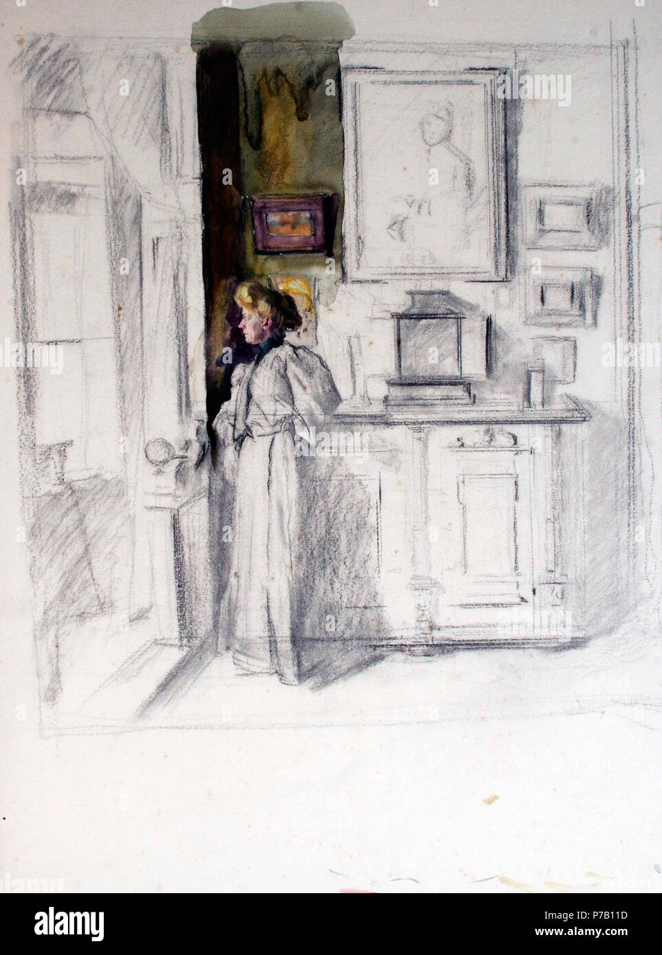 English: Dame in einem Zimmer, Zeichnung, teilweise farbig. Vor 1926 120 Farbige dame Stockfoto