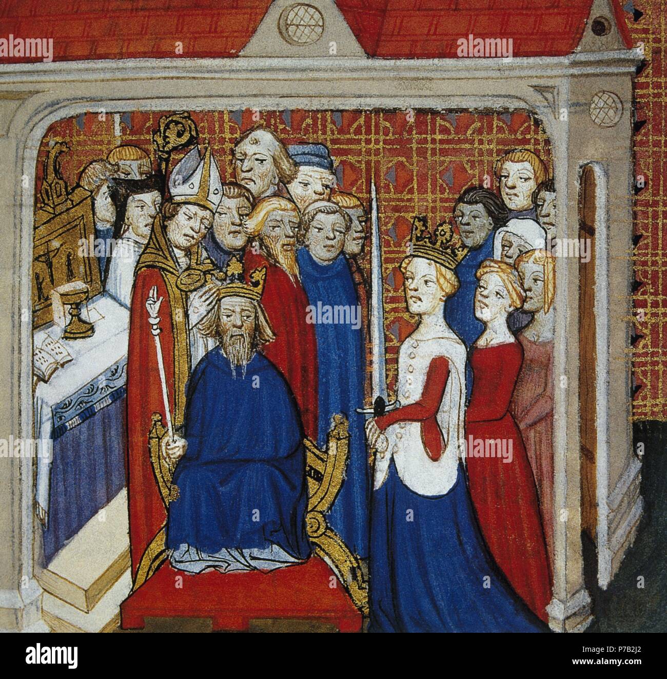 Louis der Stotterer (846-879). Der König von Frankreich. Miniatur mit der Darstellung der Krönung Ludwigs II. 14. Jahrhundert. Conde Museum. Schloss Chantilly. Frankreich. Stockfoto