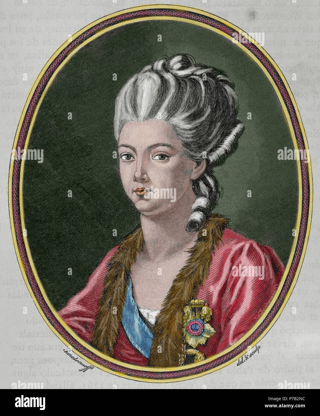 Prinzessin Daschkaw (18. Jh.), Dame von Ehre, Catherine II von Rußland. Kupferstich von Treibmann, 1881. Farbige. Stockfoto