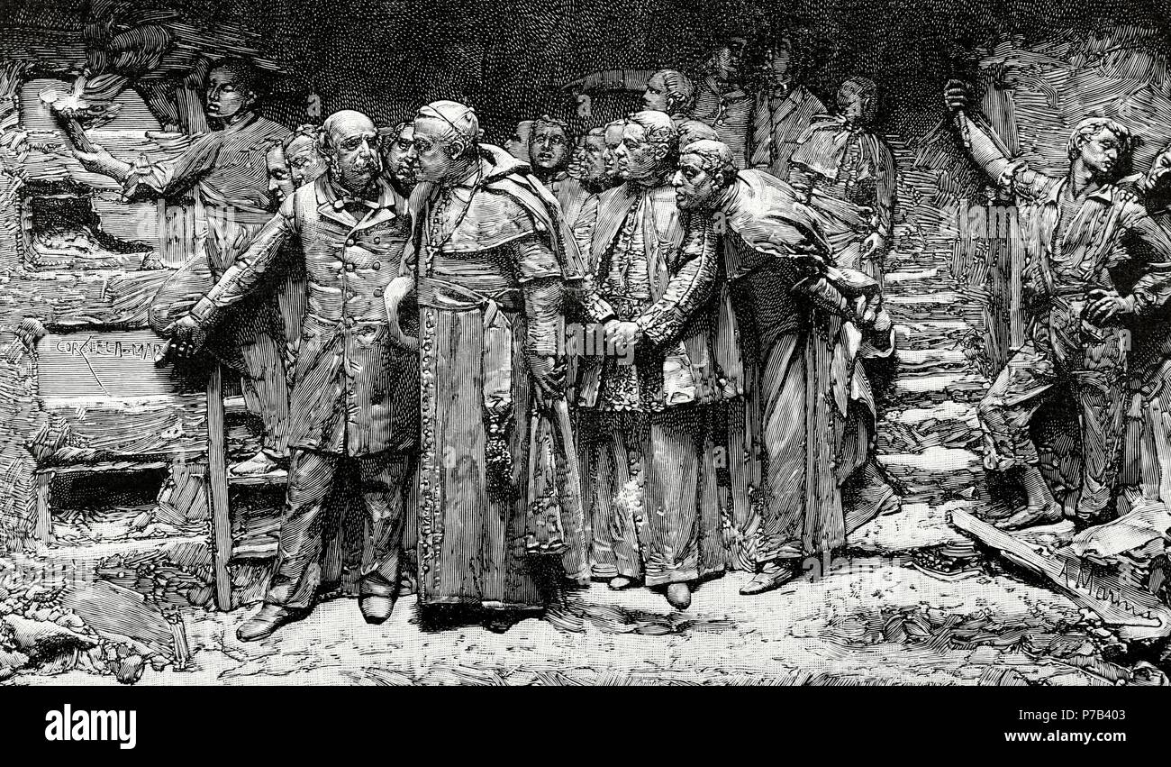 Pius IX. (1792-1878). Papst der katholischen Kirche. Erster Besuch von Pius IX in den Kallixtus-Katakomben. Kupferstich nach Basrelief von Aniceto Marinas (1866-1953). Die spanischen und amerikanischen Illustration, 1903. Stockfoto