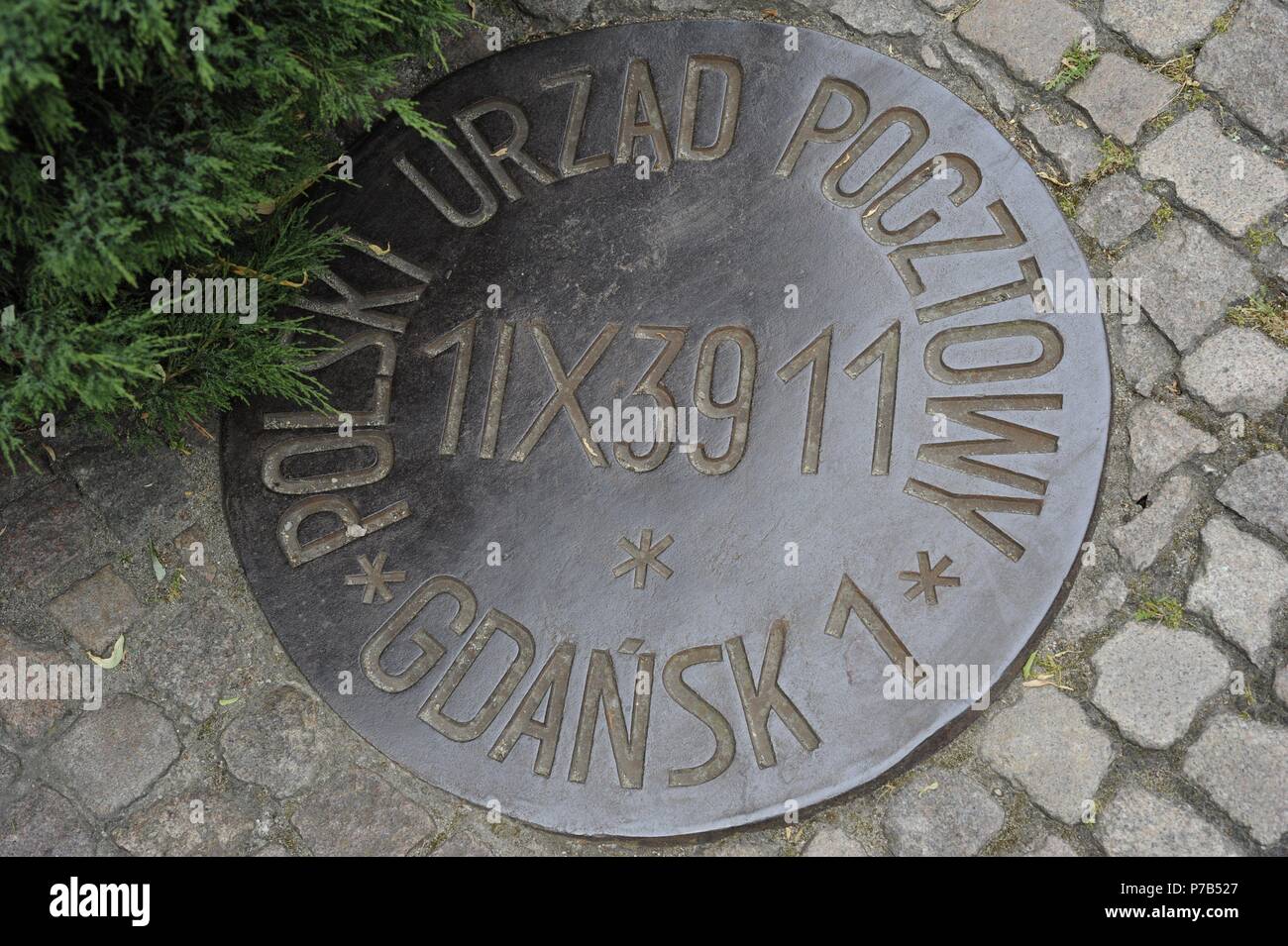 Polen. Danzig. Denkmal der Verteidigung der polnischen Post in Danzig (Gdansk). Plaque. Stockfoto