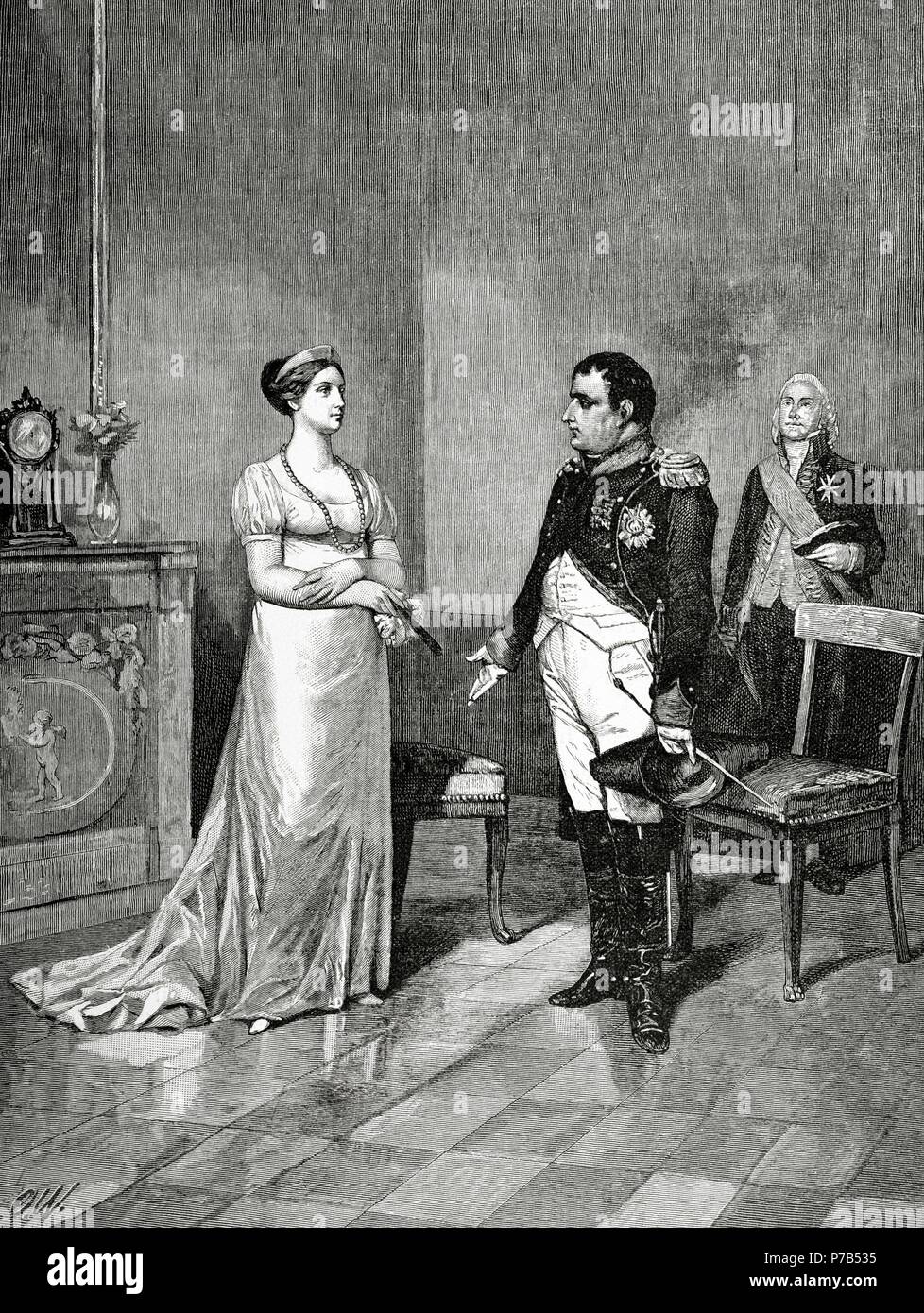 Königin Marie Louise, Herzogin von Parma (1791-1847) und Napoleon ich Bonaparte (1769-1821) in Tilsit. Kupferstich von A. Closs. Germania, 1882. Stockfoto