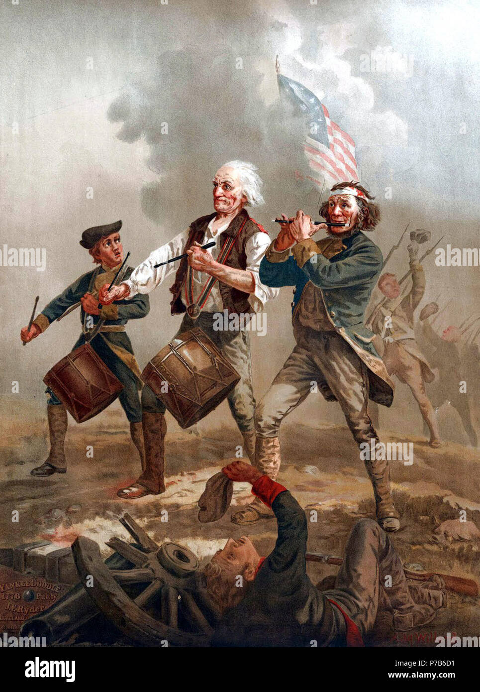 Ursprünglich berechtigt, Yankee Doodle, Dies ist eine von mehreren Versionen einer Szene von Archibald MacNeal Willard im späten neunzehnten Jahrhundert gemalt, die kam, als der Geist der '76 bekannt sein. Oft kopiert oder Parodiert, es ist eines der berühmtesten Bilder in Bezug auf den Amerikanischen Unabhängigkeitskrieg. Die lebensgroße Original hängt in Abbot Hall in Marblehead, Massachusetts. Die Flagge in der Malerei, oft angenommen das Betsy Ross Flagge zu sein, ist wirklich die Cowpens Flagge, während ein Wendepunkt im Krieg geflogen, der Schlacht von Cowpens. N/A76 Sprit von "76,2 Stockfoto